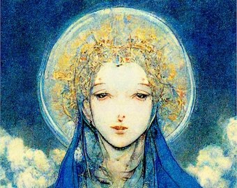 May include: A painting of a woman with a halo, wearing a blue robe and a gold necklace with a heart pendant. The background is a blue sky with white clouds.