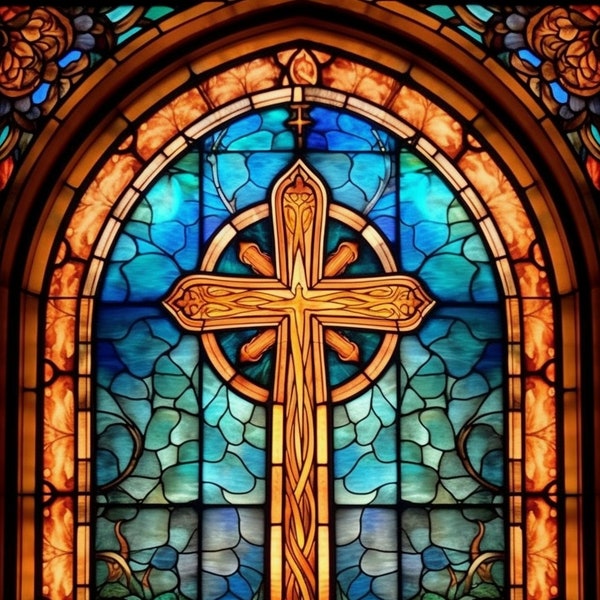 Stained-Glass Cross | Church Art | Christian Midjourney Art