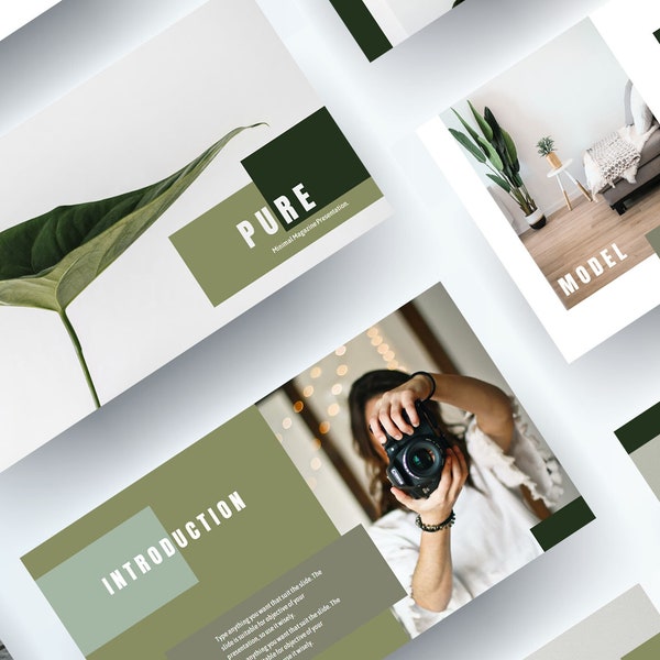 Clean Green Magazine Canva Slide, Minimal Nature Art Design Powerpoint Template, Classy Look Proposal Pitch Deck.