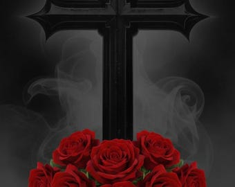 Cuadro decorativo de pared con cruz gótica y rosas rojas