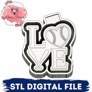 May include: A 3D printed STL file design for a baseball-themed "LOVE" sign. The "O" is a heart with a baseball inside, and the "V" is formed by two crossed baseball bats.