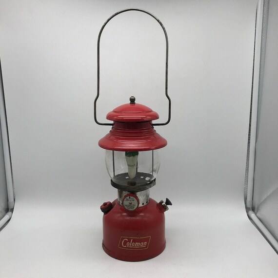 Red Coleman 200A Camping Lantern 1954 W/1930s Pyrex Globe Etched
