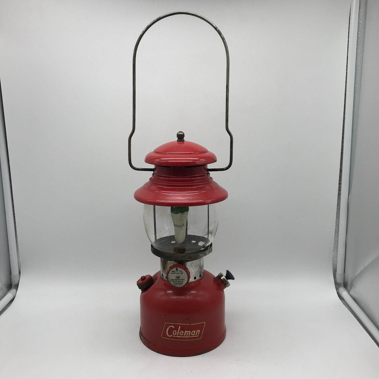 Red Coleman 200A Camping Lantern 1954 W/1930s Pyrex Globe Etched