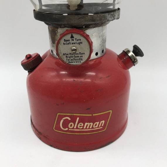 Red Coleman 200A Camping Lantern 1954 W/1930s Pyrex Globe Etched