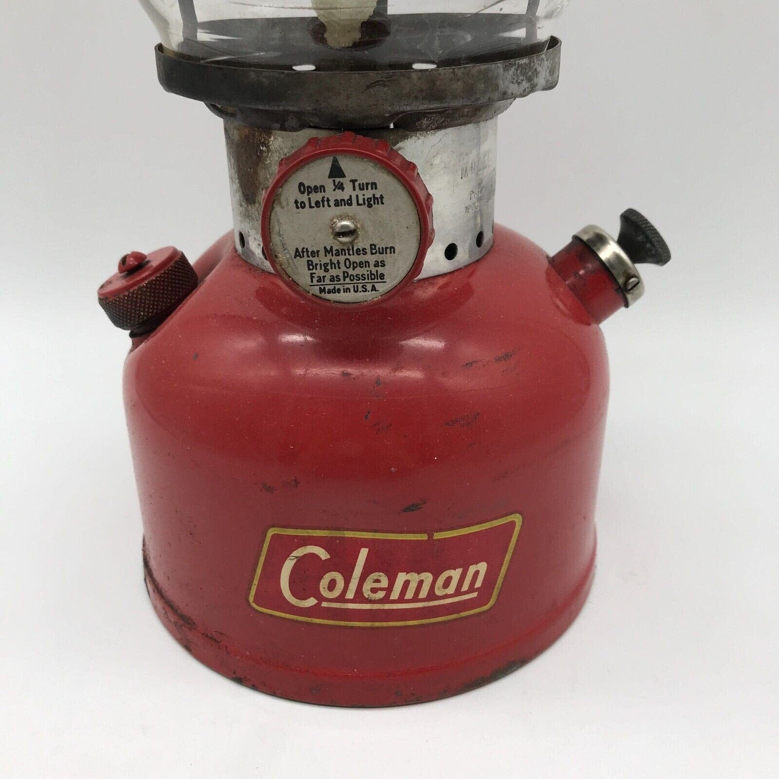 Red Coleman 200A Camping Lantern 1954 W/1930s Pyrex Globe Etched