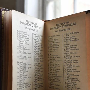 Pu&ograve; includere: Un libro aperto con pagine invecchiate, che mostra il testo di "The Book of Practical Charms" e "The Book of Forbidden Knowlege". La copertina del libro &egrave; scura con dettagli dorati. Il testo &egrave; in nero.