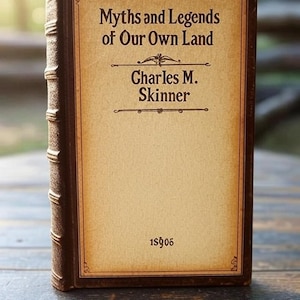 May include: A brown leather-bound book titled "Myths and Legends of Our Own Land" by Charles M. Skinner. The cover features gold lettering and decorative borders. The year 1906 is printed at the bottom of the cover.