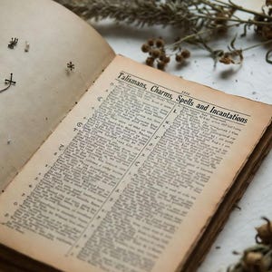 Pu&ograve; includere: Un libro antico aperto con pagine ingiallite. Il titolo "Talismans, Charms, Spells and Incantations" &egrave; visibile. Erbe secche ed elementi decorativi circondano il libro, creando un'estetica mistica.