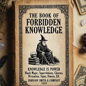 Pu&ograve; includere: Una copertina di libro antica, "The Book of Forbidden Knowledge", con un'illustrazione di un mago, un teschio e testo sulla magia nera e la divinazione. Pubblicato da Johnson Smith & Company nel 1910.