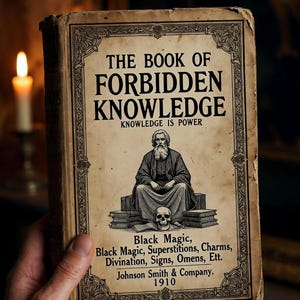 Pu&ograve; includere: Un libro antico intitolato "The Book of Forbidden Knowledge" con un'illustrazione di un uomo barbuto e un teschio. La copertina include testo sulla magia nera, le superstizioni e la divinazione. Pubblicato da Johnson Smith & Company nel 1910.
