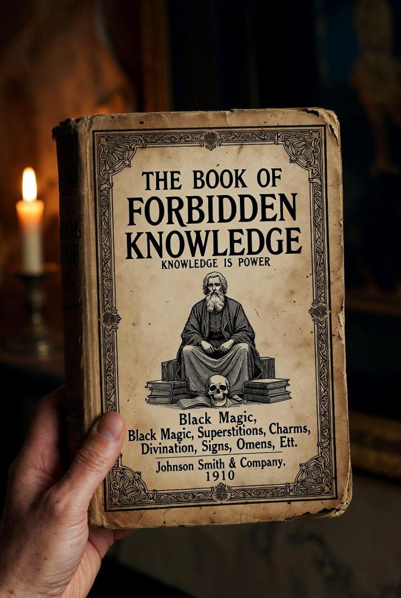 Pu&ograve; includere: Un libro antico intitolato "The Book of Forbidden Knowledge" con un'illustrazione di un uomo barbuto e un teschio. La copertina include testo sulla magia nera, le superstizioni e la divinazione. Pubblicato da Johnson Smith & Company nel 1910.