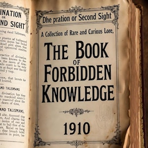 Pu&ograve; includere: Un libro antico aperto, con il titolo "THE BOOK OF FORBIDDEN KNOWLEDGE" in grassetto nero. Il testo &egrave; su uno sfondo ingiallito, con l'anno "1910" sotto. Il libro &egrave; una raccolta di conoscenze rare e curiose.