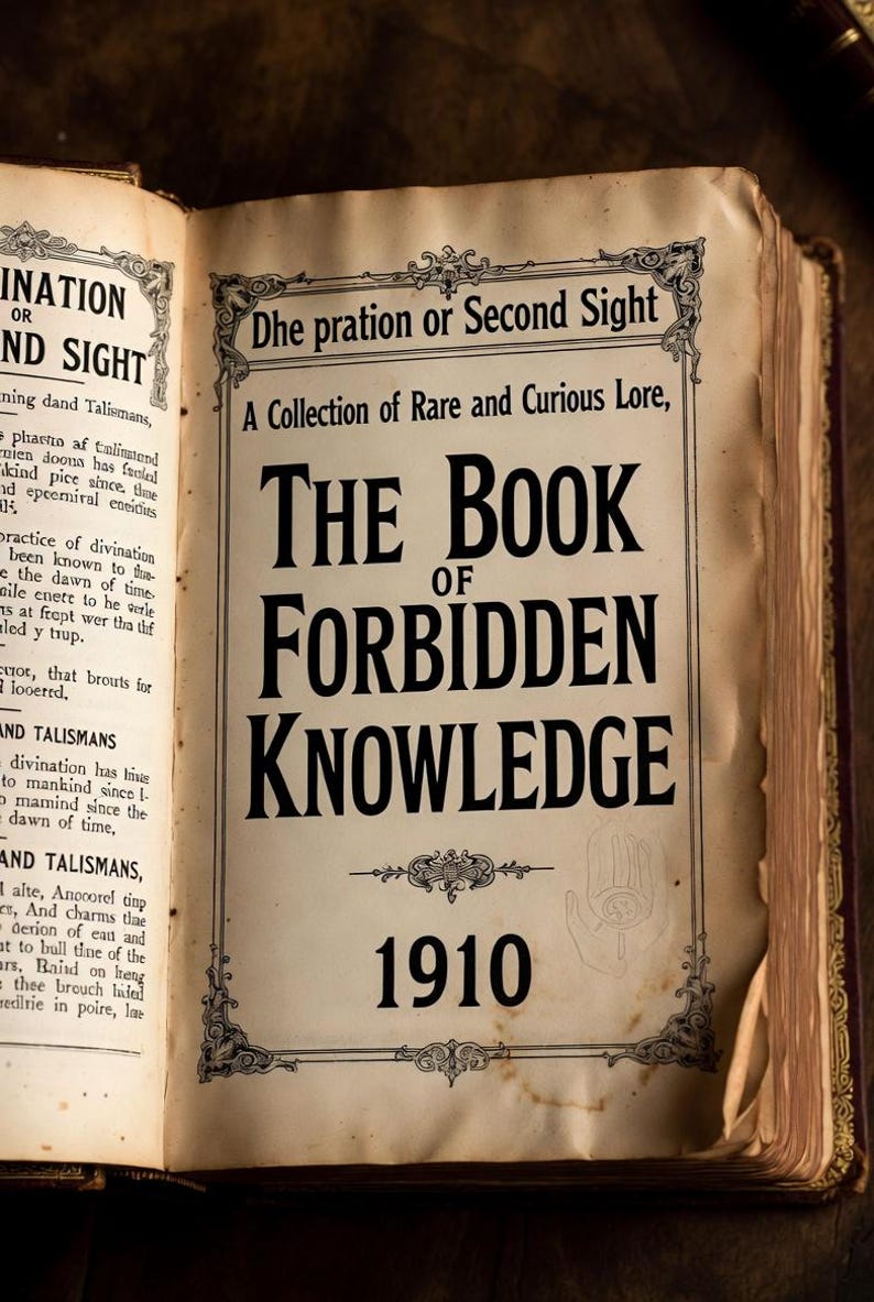 Pu&ograve; includere: Un libro antico aperto, con il titolo "THE BOOK OF FORBIDDEN KNOWLEDGE" in grassetto nero. Il testo &egrave; su uno sfondo ingiallito, con l'anno "1910" sotto. Il libro &egrave; una raccolta di conoscenze rare e curiose.