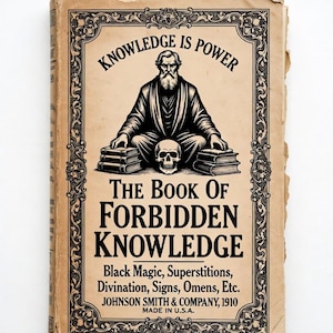 Pu&ograve; includere: Copertina di libro vintage intitolata "The Book of Forbidden Knowledge". Il design include una figura barbuta, un teschio e le parole "Knowledge is Power". Pubblicato da Johnson Smith & Company nel 1910, prodotto negli Stati Uniti. Colore beige.