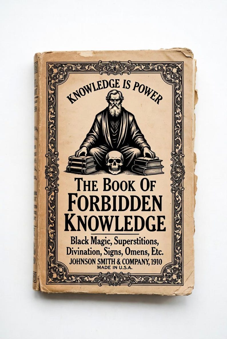 Pu&ograve; includere: Copertina di libro vintage intitolata "The Book of Forbidden Knowledge". Il design include una figura barbuta, un teschio e le parole "Knowledge is Power". Pubblicato da Johnson Smith & Company nel 1910, prodotto negli Stati Uniti. Colore beige.