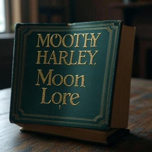 May include: A hardcover book titled "Moothy Harley Moon Lore" with gold lettering on a teal cover. The book is resting on a wooden surface, with the spine visible. The cover has a decorative gold border.