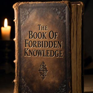 Pu&ograve; includere: Un libro antico rilegato in pelle, intitolato "The Book of Forbidden Knowledge", con lettere dorate e decorazioni agli angoli. Le pagine sono ingiallite. Una candela accesa sullo sfondo crea un'atmosfera calda.