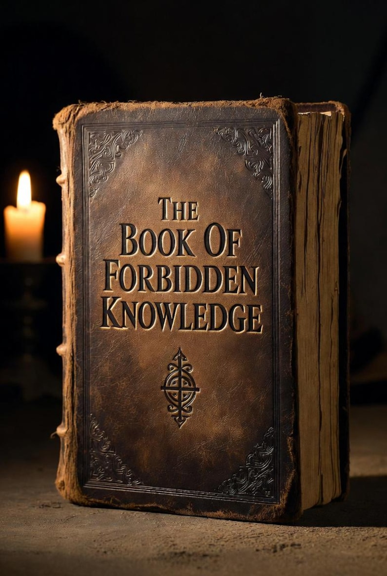 Pu&ograve; includere: Un libro antico rilegato in pelle, intitolato "The Book of Forbidden Knowledge", con lettere dorate e decorazioni agli angoli. Le pagine sono ingiallite. Una candela accesa sullo sfondo crea un'atmosfera calda.