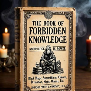 Pu&ograve; includere: Un libro d'epoca intitolato "The Book of Forbidden Knowledge" con un'illustrazione di una figura in abito, un teschio e una lanterna. La copertina elenca anche argomenti come la magia nera e la divinazione. Il libro &egrave; della Johnson Smith & Company, 1910.
