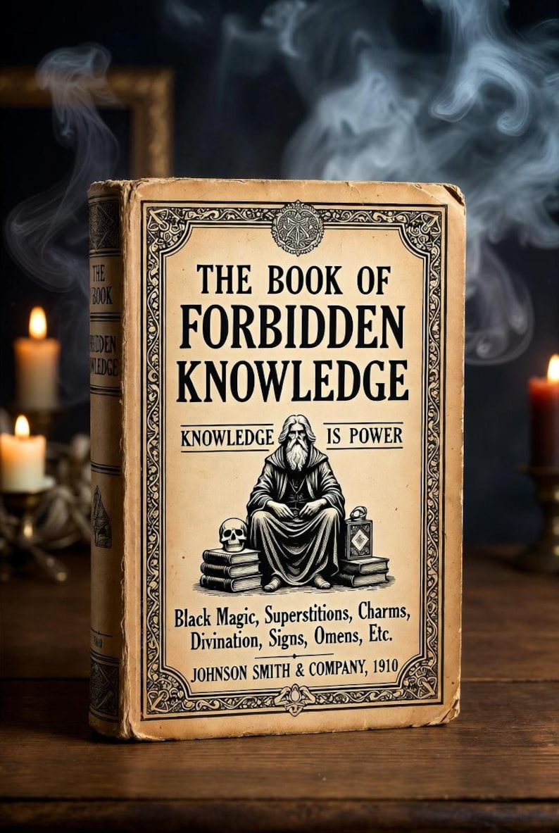Pu&ograve; includere: Un libro d'epoca intitolato "The Book of Forbidden Knowledge" con un'illustrazione di una figura in abito, un teschio e una lanterna. La copertina elenca anche argomenti come la magia nera e la divinazione. Il libro &egrave; della Johnson Smith & Company, 1910.