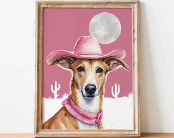 Greyhound Cowgirl Watercolor Art Print, Whippet Pink Cowboy Hat Painting