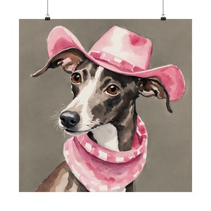 Italian Greyhound Pink Cowboy Hat Watercolor, Whippet Art Print