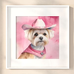 Maltese roze cowboyhoed Art Print, Maltese aquarel