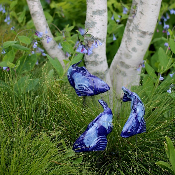 Set of 3 Cobalt Koi Garden Art