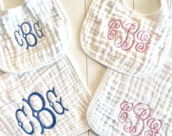 Monogrammed and Personalized Baby Soft Muslin Bib and Burp Cloth Set of 2, Perfect Baby Shower Gift FREE SHIPPING