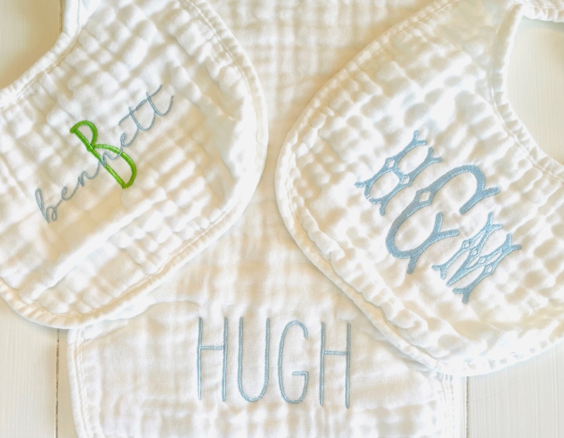 Monogrammed and Personalized Baby Soft Muslin Bib and Burp Cloth, Perfect Baby Shower Gift FREE SHIPPING image 1