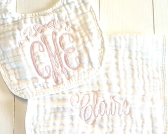 Monogrammed and Personalized Baby Soft Muslin Bib and Burp Cloth, Perfect Baby Shower Gift FREE SHIPPING