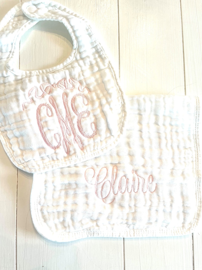 Monogrammed and Personalized Baby Soft Muslin Bib and Burp Cloth, Perfect Baby Shower Gift FREE SHIPPING image 1