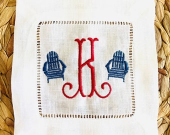 Adorable Adirondack Chairs with Single Initial Monogram Hemstitched Cocktail Napkins, Embroidered Linen Cocktail Napkins FREE SHIPPING