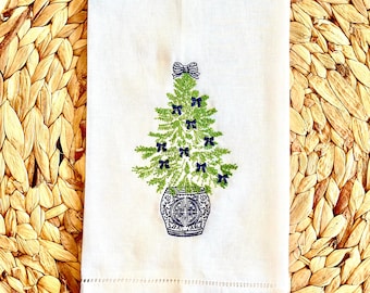 Preppy Chinoiserie Chic Christmas Tree Linen Towel, Holiday Hostess Gift, Christmas Tea Towel, Grandmillenial, Blue &White