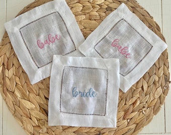 Bride and Babe 100% Linen Cocktail Napkins, Bridal Shower, Wedding, Hemstitched Cocktail Napkins, Embroidered Cocktail Napkins FREE SHIPPING