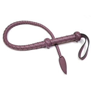 May include: A purple leather braided whip with a knotted handle and a long, pointed tassel.