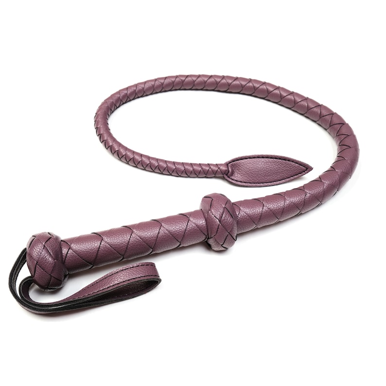 May include: A purple leather whip with a braided handle and a loop at the end.