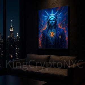 Puede incluir: Impresión artística digital de la Estatua de la Libertad con un símbolo de Bitcoin en el pecho. La obra utiliza tonos azules y naranjas sobre un fondo oscuro. Se ve un paisaje urbano a través de una ventana.