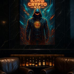 Könnte beinhalten: Ein gerahmtes Poster mit dem Text "KING CRYPTO - NYC" über einer Illustration einer Kapuzenfigur mit einem Bitcoin-Symbol. Das Kunstwerk hat ein futuristisches Design mit neonblauen und orangefarbenen Akzenten. Das Poster wird über zwei Ledersesseln angezeigt.