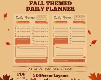 May include: Two printable daily planner pages with a fall theme. The pages are beige with brown lines and a brown border. The pages have sections for priority tasks, to do list, I am grateful for, notes, and how did I do today. The pages are decorated with fall leaves and pumpkins. The pages are available in PDF format and in two different layouts: A4, A5, A6, 8"x10", and US Letter/8.5"x11".