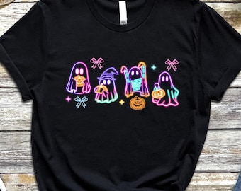 Halloween Ghost Neon Shirt, Coquette Halloween Neon T-shirt, Girly Coquette Bow Shirt, Spooky Season, Cute Ghost Shirt, Trendy Halloween Tee