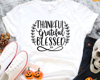 Thankful Grateful Blessed Thanksgiving Shirt, Cozy Fall Graphic Tee, Autumn Season Tshirt