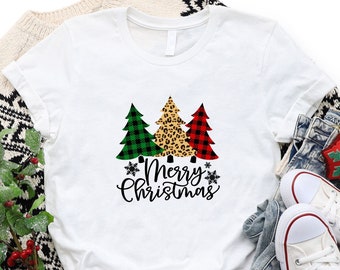 Merry Christmas Tree Shirt, Leopard Print Christmas Tree, Buffalo Plaid Shirt, Cute Christmas Shirt, Christmas Gifts, Ladies Merry Christmas