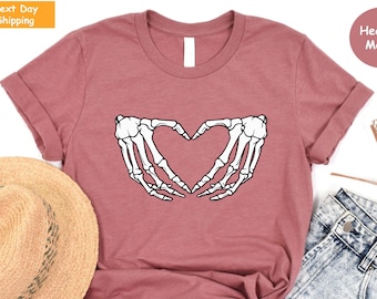 Skeleton Heart Hands Shirt, Halloween Skeleton Shirt, Halloween Party, Cute Skeleton T-shirt, Fall Skeleton Sweatshirt, Skeleton Love Shirts