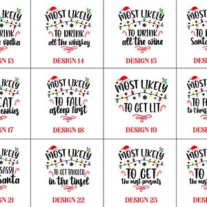 Op de afbeelding: Een set van 12 kerstthema-ontwerpen met de tekst "Most Likely To..." met verschillende humoristische scenario's voor de feestdagen. Elk ontwerp bevat een reeks kleurrijke kerstverlichting en een feestelijke kerstmanmuts.