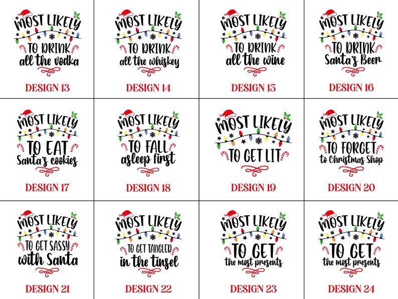Op de afbeelding: Een set van 12 kerstthema-ontwerpen met de tekst "Most Likely To..." met verschillende humoristische scenario's voor de feestdagen. Elk ontwerp bevat een reeks kleurrijke kerstverlichting en een feestelijke kerstmanmuts.