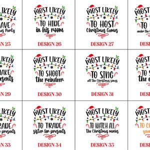 Op de afbeelding: Een set van 12 kerstthema-ontwerpen met de tekst "Most Likely" met verschillende vakantiegerelateerde activiteiten. Elk ontwerp bevat een reeks kleurrijke lichten en een feestelijk ontwerp.