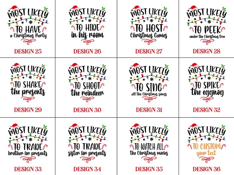 Op de afbeelding: Een set van 12 kerstthema-ontwerpen met de tekst "Most Likely" met verschillende vakantiegerelateerde activiteiten. Elk ontwerp bevat een reeks kleurrijke lichten en een feestelijk ontwerp.