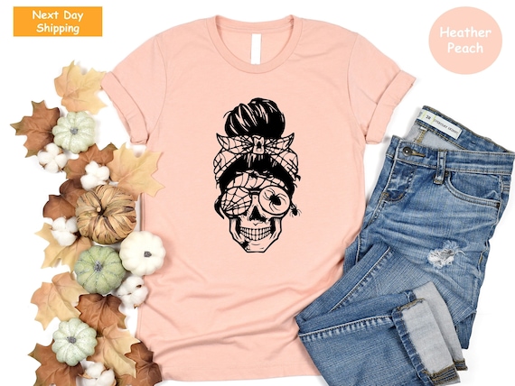 Skull Mom Shirt, Messy Bun Skull Shirt, Funny Mama Life Shirt, Halloween Mama Shirt, Halloween Gifts For Mom, Mothers Day, Cool Mom T-shirt