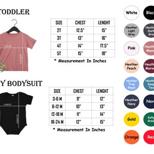 May include: Size chart for toddler and baby clothing. The chart shows the size, chest measurement in inches, and length measurement in inches for each size. The chart also includes a color chart with different color options for the clothing.